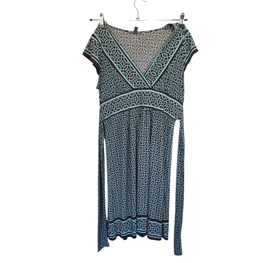Women's Geometric Brown Blue V-Neck Cap Sleeve Mini Dress M Regular